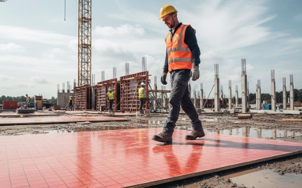 Construction workers standing safely on anti-slip shuttering ply