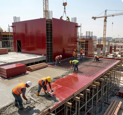 construction site using shuttering plywood for slab casting