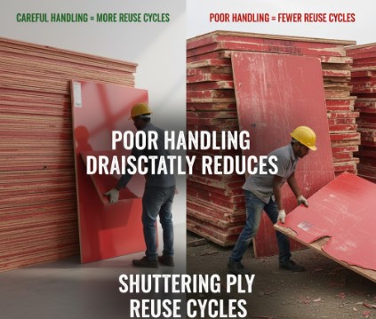 Damaged shuttering plywood at construction site due to improper handling