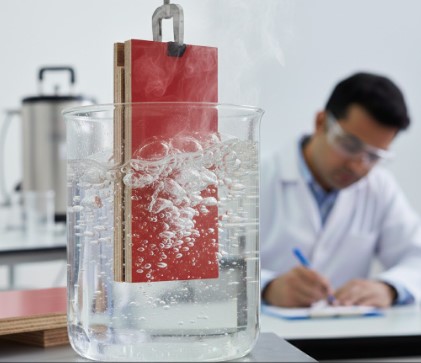 Shuttering ply sheets immersed in boiling water during quality testing