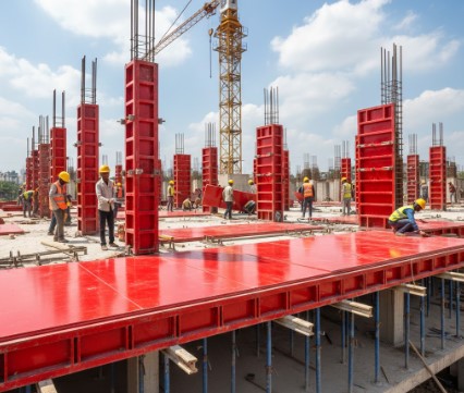 Construction site using shuttering ply for slab and column formwork