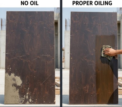 Application of shuttering oil on plywood surface before concreting
