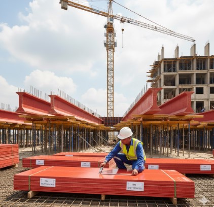 Contractor checking shuttering ply thickness and quality on site