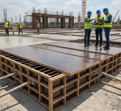 Shuttering ply panels reused multiple times at an active construction site