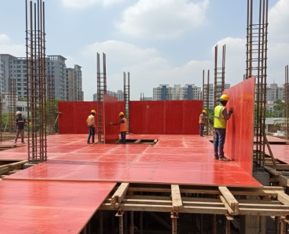 Shuttering plywood used at construction site for concrete casting
