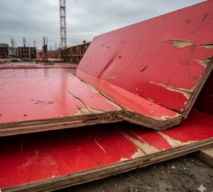 Damaged shuttering ply showing swelling and layer separation