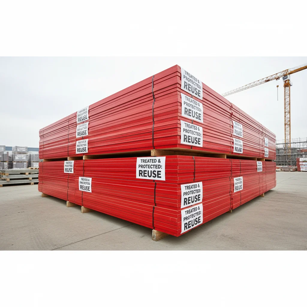 Reusable shuttering plywood stacked at construction site