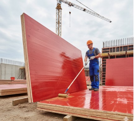 Worker applying shuttering oil evenly on shuttering ply