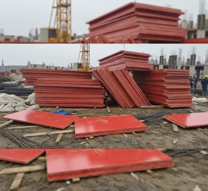 Shuttering ply stored improperly on uneven ground at construction site