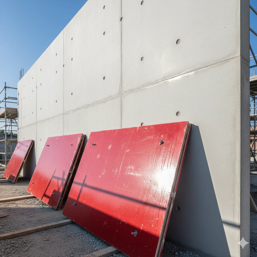 Smooth concrete finish achieved using shuttering ply